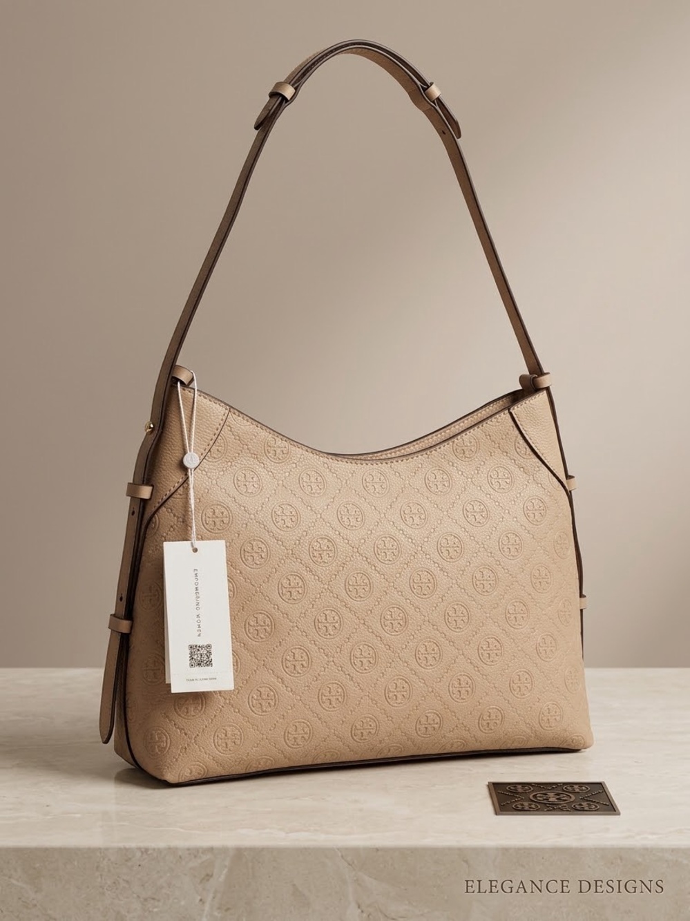 TORY BURCH T Monogram Pebble Messenger Bag light Apricot